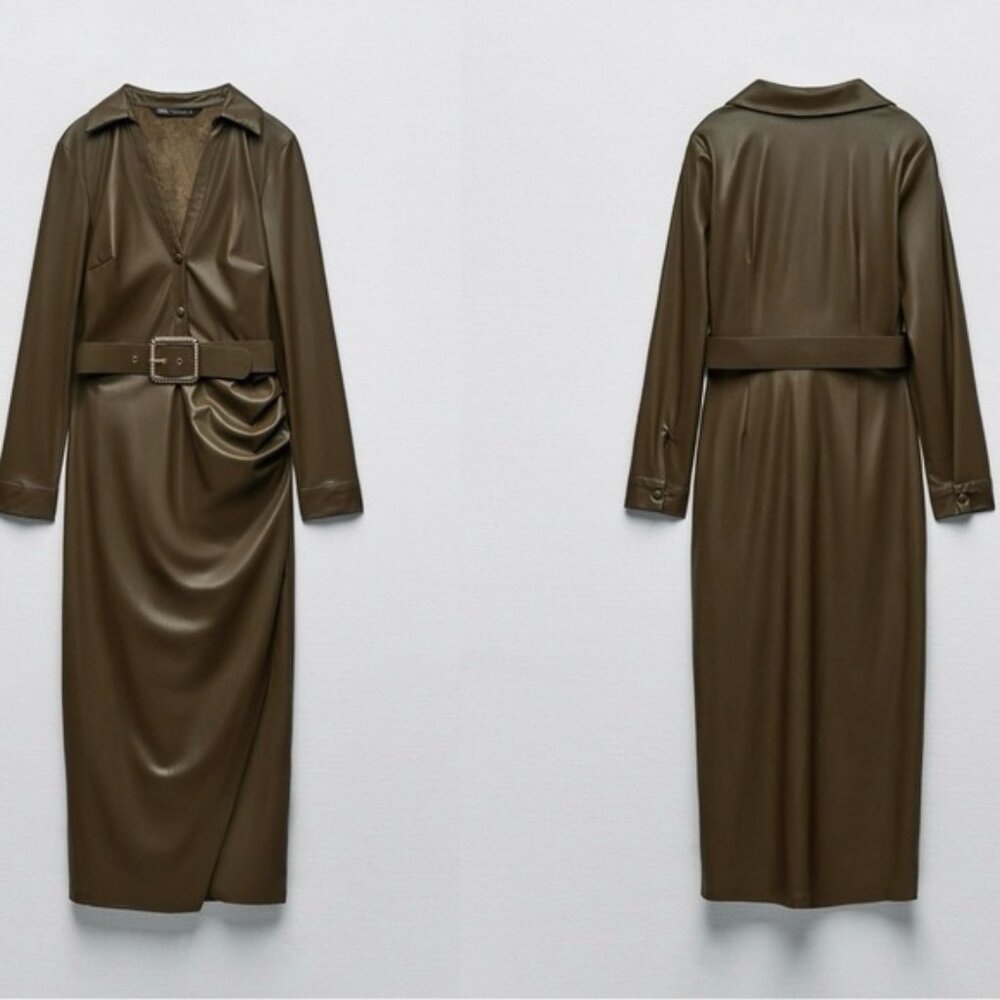 Zara khaki faux leather V-neck belted midi dress lapel collar long sleeve L NWOT